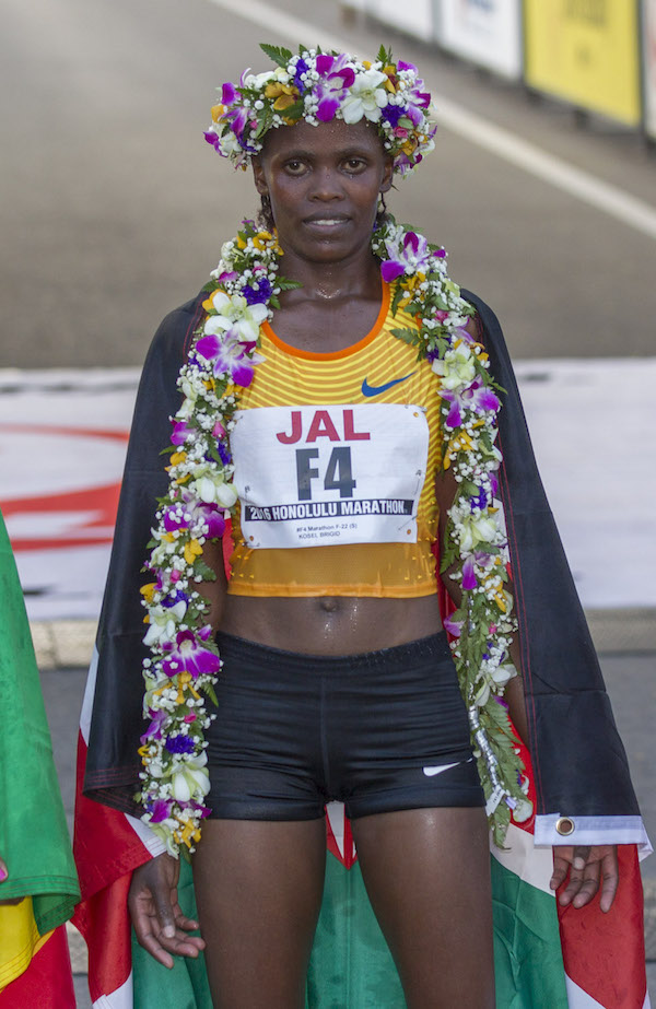 Honolulu Marathon's women's first place finisher Sunday, Dec. 11, 2016, Estimated 25,000 runners from all over the world participated in the annual race in Honolulu.