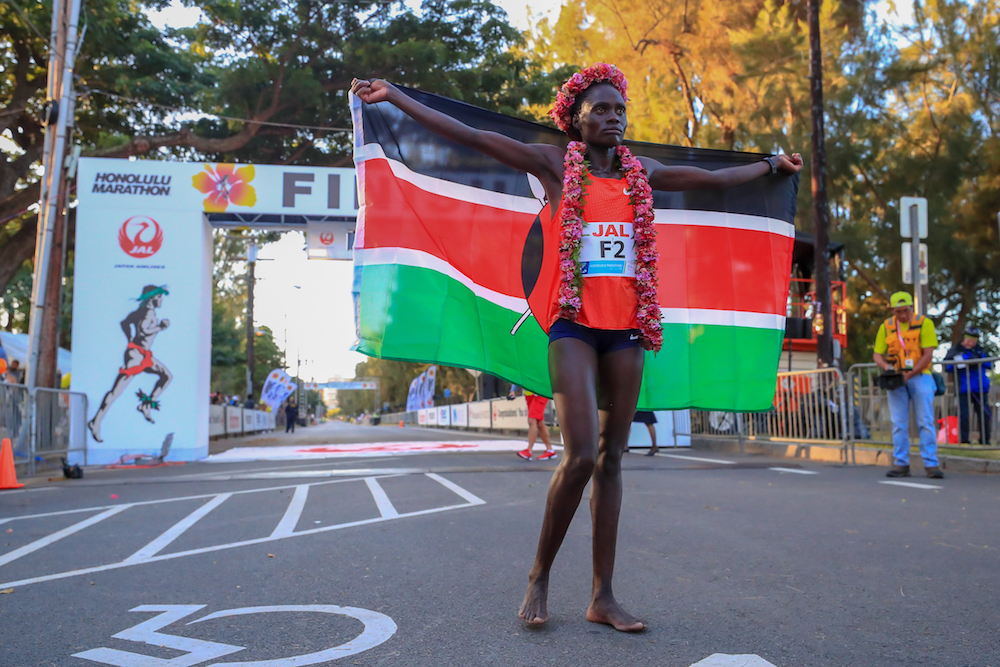 HONOLULU, HI - DECEMBER 09:  Vivian Jerono Kiplagat of Kenya wins women's 1st place during the Honolulu Marathon 2018 on December 9, 2018 in Honolulu, Hawaii.  (Photo by Tom Pennington/Getty Images for HONOLULU MARATHON) *** Local Caption *** Vivian Jerono Kiplagat