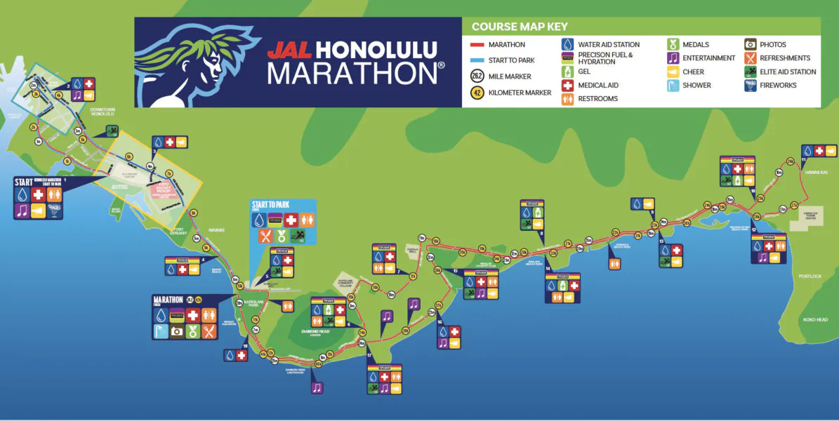 JAL Honolulu Marathon December 13 2026 Honolulu Marathon 2026 Course Map 1195x600 
